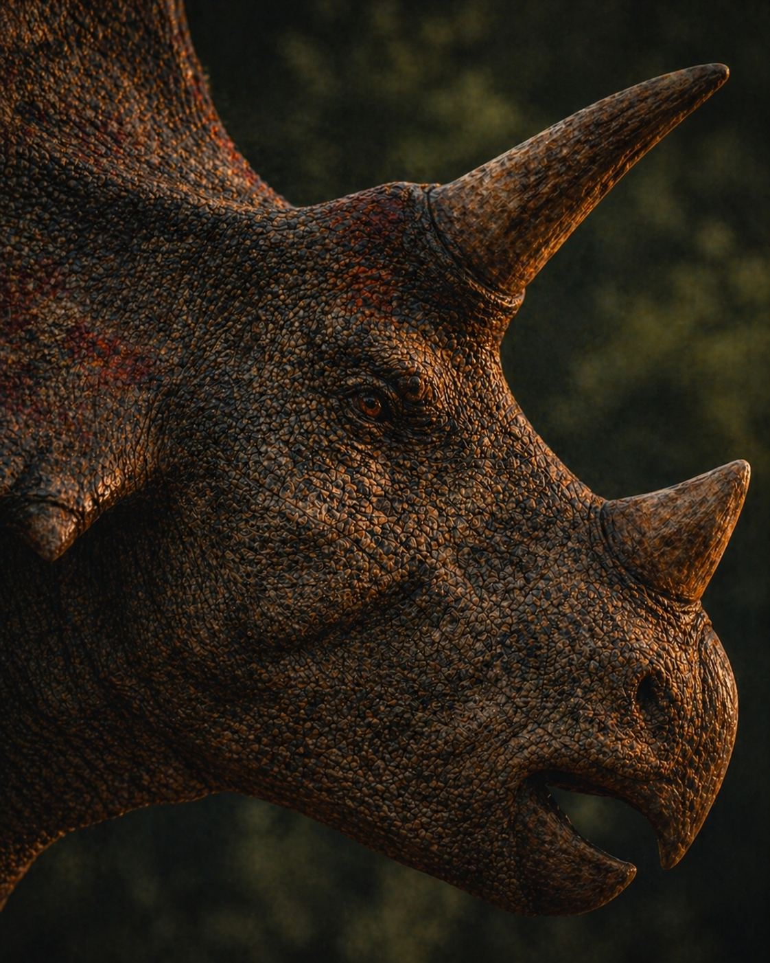 A peaceful dinosaur portrait, warm amber light on scaled skin.
